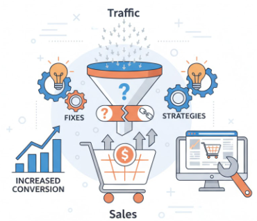 A visual representation of a marketing and sales funnel, showing website traffic pouring into a funnel marked with a question mark, indicating low conversions. Arrows point to solutions like "FIXES," "STRATEGIES," and lightbulbs/gears, leading to a shopping cart with a dollar sign representing "SALES" and an "INCREASED CONVERSION" bar chart.