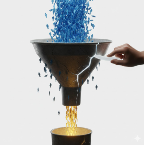 A digital illustration of a cracked and leaky marketing funnel. Blue figures (website traffic) are pouring in, while some leak out of the cracks. A hand is shown actively sealing one of the cracks, resulting in a solid stream of golden figures (customers/conversions) flowing into a container below.