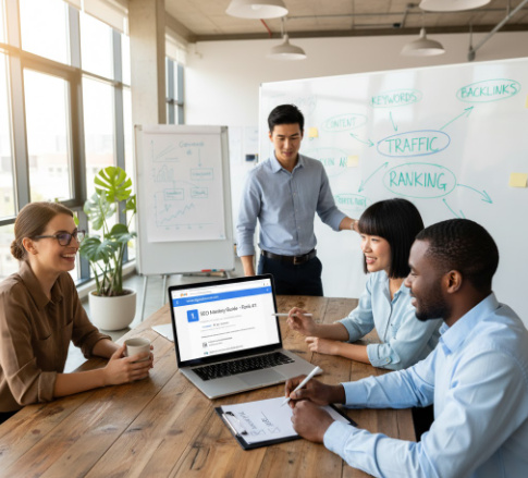 A diverse group of young professionals in a modern office collaborating over a laptop that shows a website ranking #1 on Google, illustrating successful website search optimization.