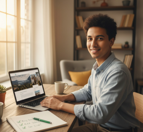 A young entrepreneur successfully building their own website on a laptop in a cozy home office, following a simple checklist.