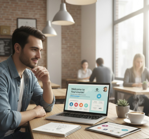 A thoughtful student compares popular online learning platforms like Coursera and Udemy on a laptop while researching from a cozy living room.