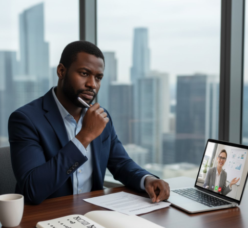 A thoughtful business owner reviews an SEO services proposal during a video call with a marketing agency.